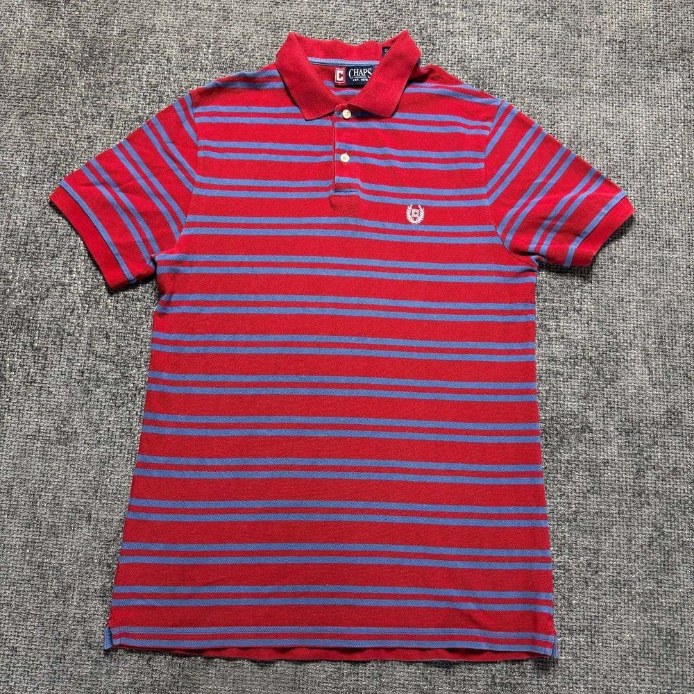 Chaps Polo Shirt Mens Medium Red Blue Striped Short Sleeve Cotton Crest 0587